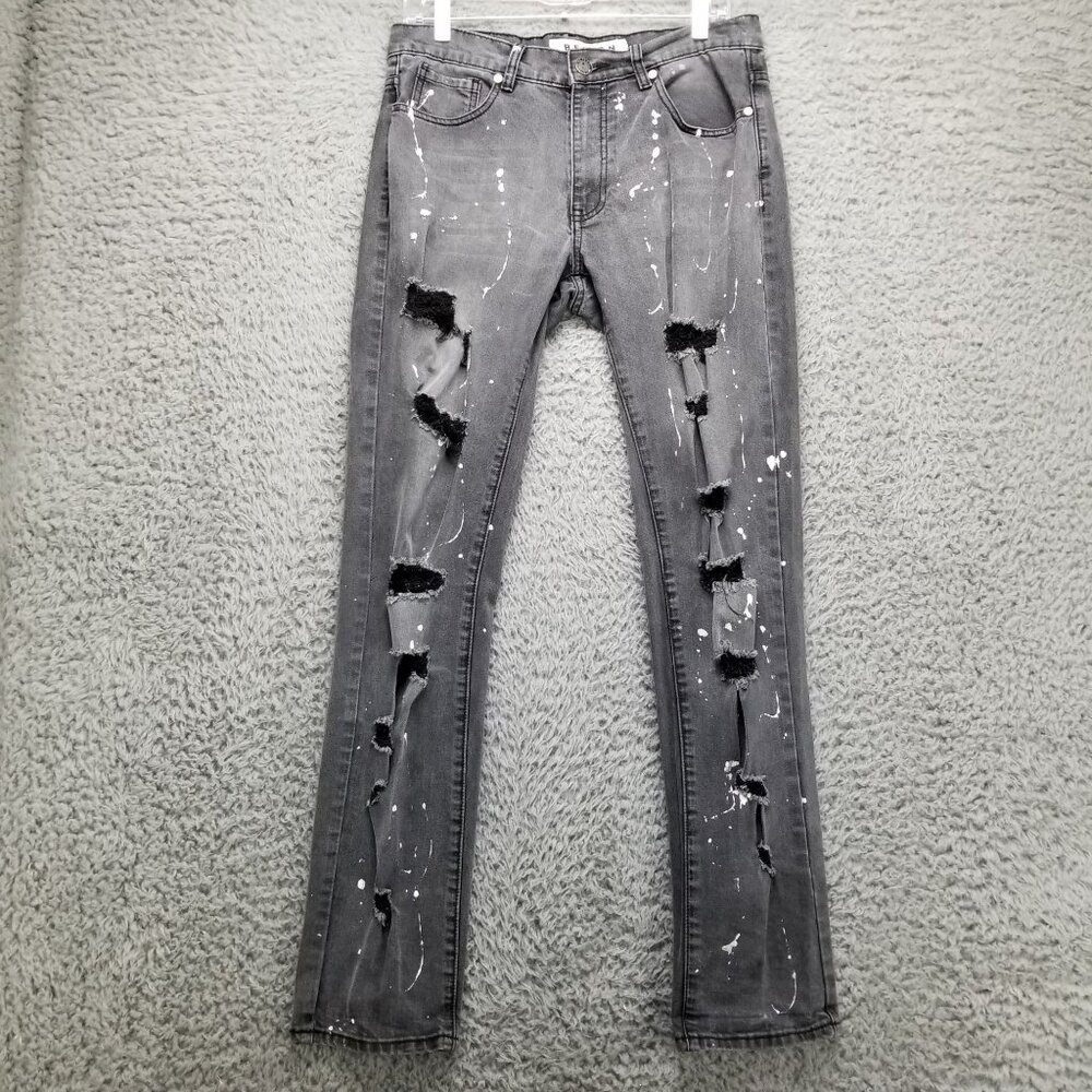 Reason Jeans Mens 32x32 Black Nomad Splattered Distressed Stretch Skinny